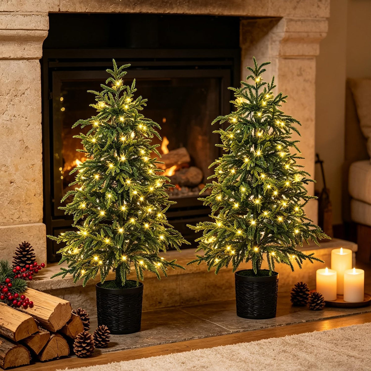 Juegoal 3FT Pre-Lit Artificial Christmas Tree 2 Pack, Norfolk Potted Tree