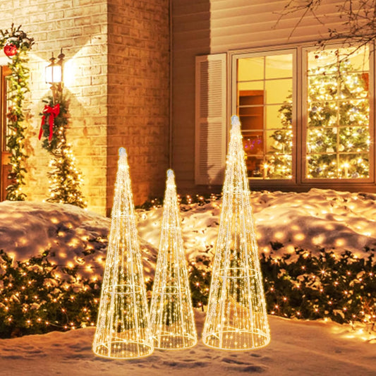 Tangkula Set of 3 Lighted Christmas Cone Trees with Warm White LED Lights