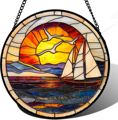 Winter Snow Night Scenery Stained Glass Window Hanging Suncatcher Gift 7.8"