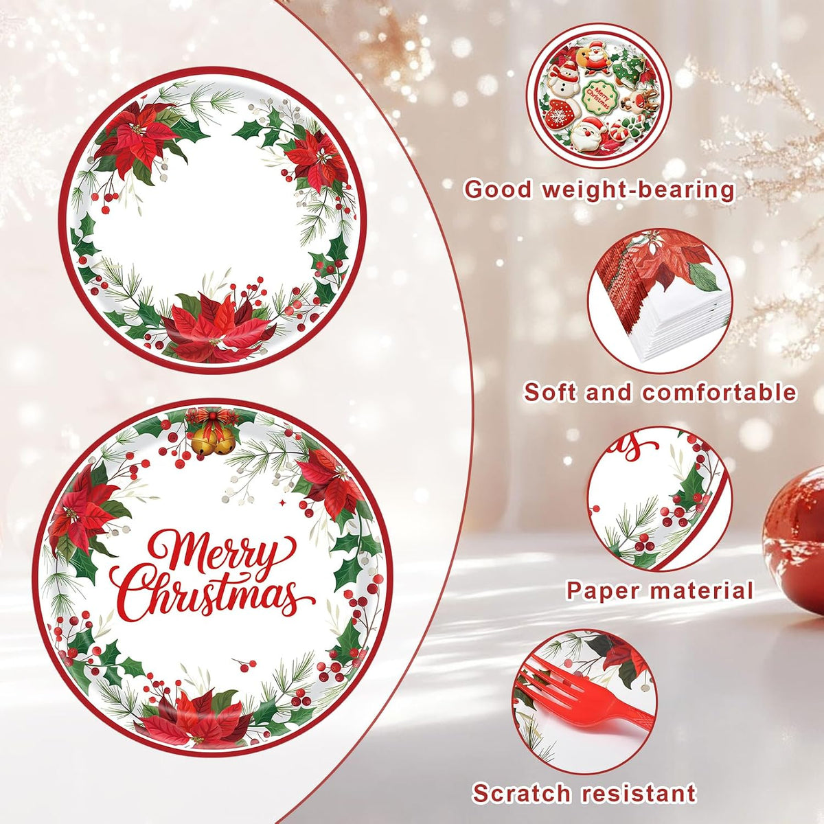 96 Pieces Christmas Poinsettia Tableware Set – Merry Christmas Disposable Plates, Napkins, Forks Party Supplies with Holiday Flower and Holly Designs for Xmas Parties Celebrations – Serves 24 Guests