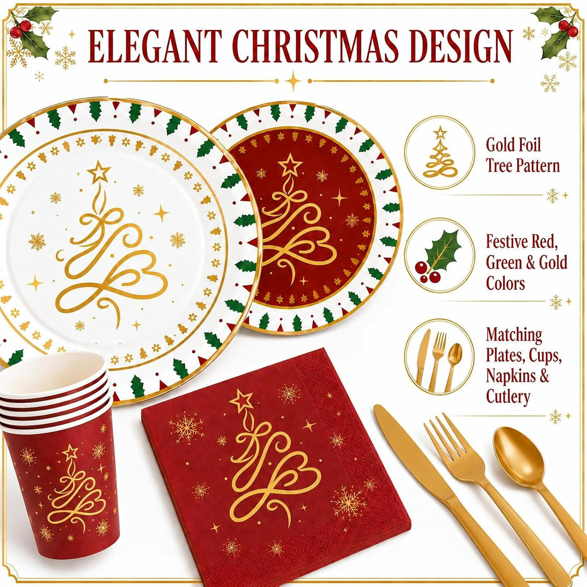 168 PCS Christmas Party Supplies Tableware Set, Disposable Xmas Dinnerware Set Serves 24 Guests, Christmas Tree Snowflake Paper Plates Cups Napkins Knives Forks Spoons for Holiday Decorations