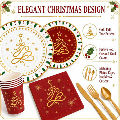 168 PCS Christmas Party Supplies Tableware Set, Disposable Xmas Dinnerware Set Serves 24 Guests, Christmas Tree Snowflake Paper Plates Cups Napkins Knives Forks Spoons for Holiday Decorations