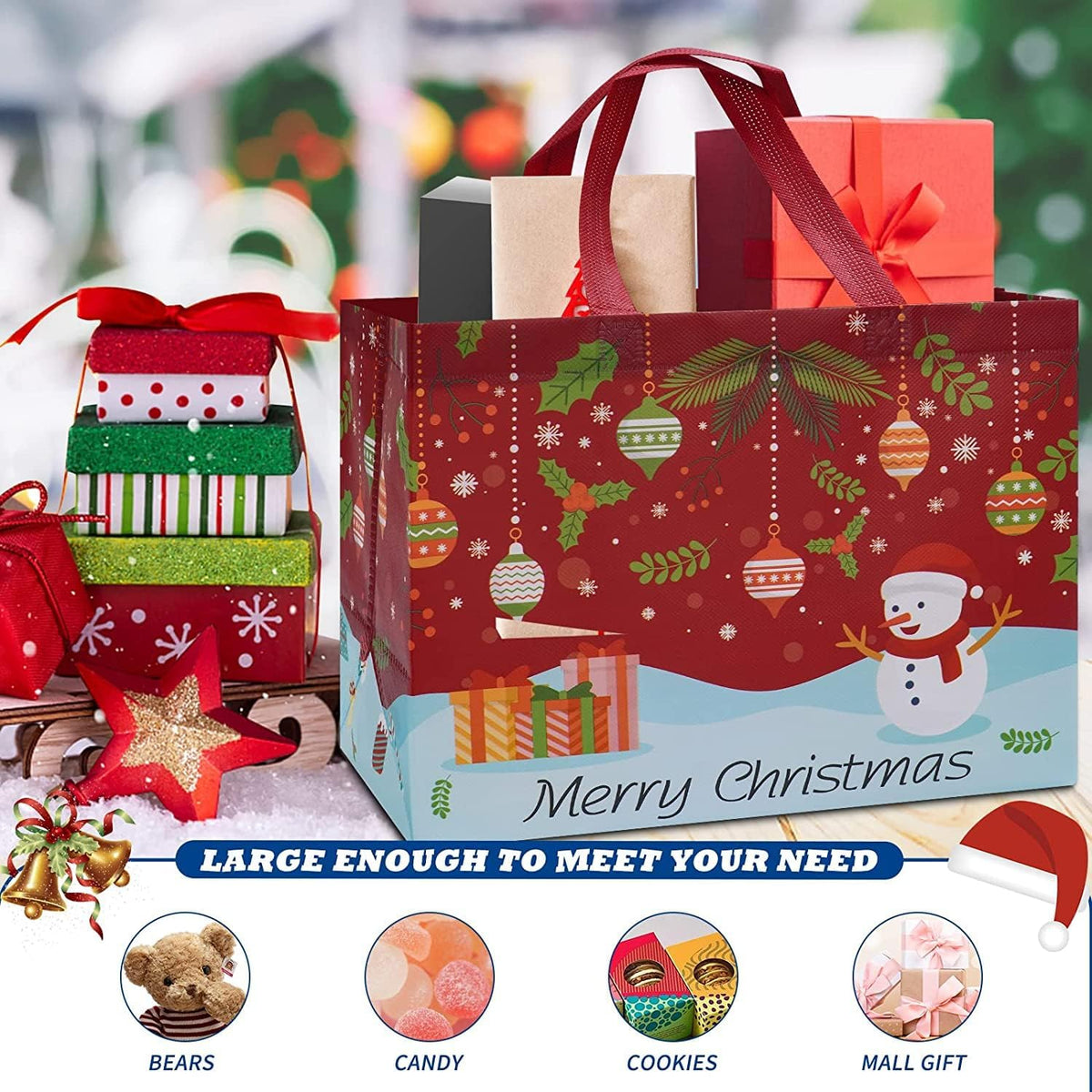 Heetobcos 12 Pack Christmas Gift Bags 13” Large Reusable Tote Bags