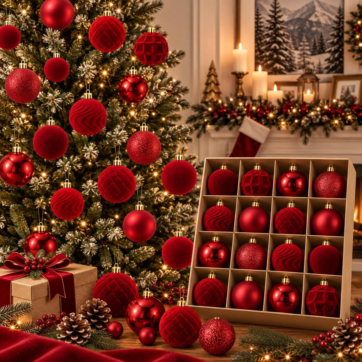 Hollowfly 56 Pcs Burgundy Velvet Christmas Balls Ornaments Set