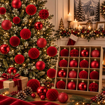 Hollowfly 56 Pcs Burgundy Velvet Christmas Balls Ornaments Set