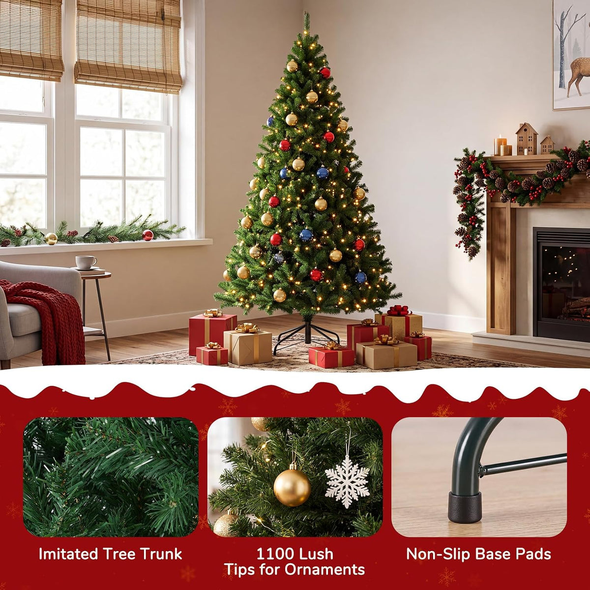 DUMOS 7.5 Ft Christmas Tree, Artificial Christmas Tree, Green