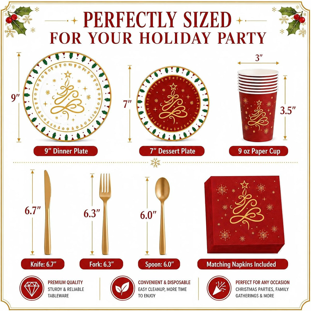 168 PCS Christmas Party Supplies Tableware Set, Disposable Xmas Dinnerware Set Serves 24 Guests, Christmas Tree Snowflake Paper Plates Cups Napkins Knives Forks Spoons for Holiday Decorations