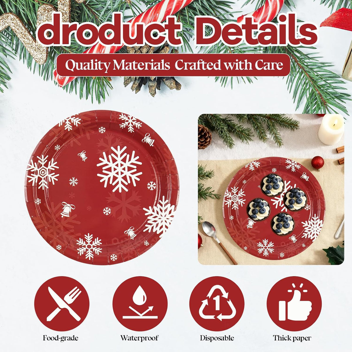50PCS Christmas Paper Plates, 7 Inches Xmas Plates Disposable Red Snowflake Dinner Dessert Tableware Dinnerware Set for Christmas Winter Holiday Party Supplies Decorations Table Decor