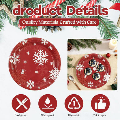50PCS Christmas Paper Plates, 7 Inches Xmas Plates Disposable Red Snowflake Dinner Dessert Tableware Dinnerware Set for Christmas Winter Holiday Party Supplies Decorations Table Decor