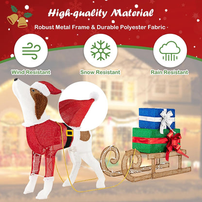 Tangkula Lighted Christmas Dog with Sleigh & Gift Boxes Combo Decorations, Xmas Lighted Indoor Decorations, Pre-lit Christmas Decoration with 170 Warm Bright Lights for Porch Garden Patio Yard