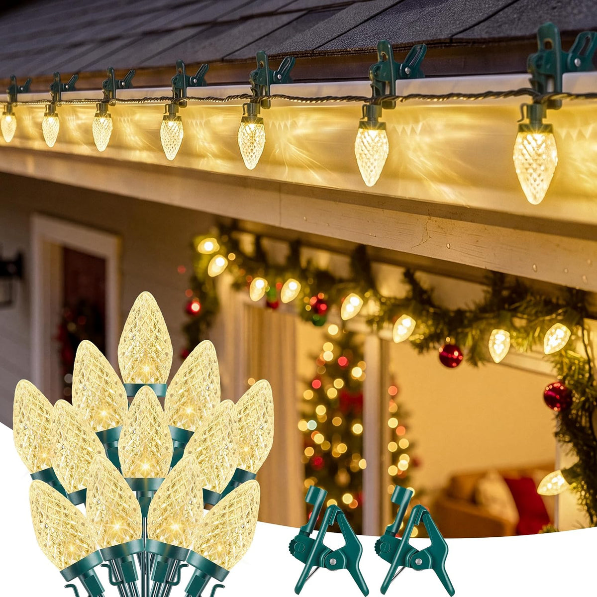 Brightown Christmas Lights Outdoor, 102FT 150LED C9 String Light with Clips
