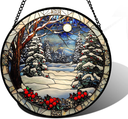 Winter Snow Night Scenery Stained Glass Window Hanging Suncatcher Gift 7.8"