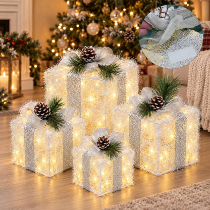 Hourleey Set of 4 Christmas Lighted Gift Boxes Warm White 70 LED Pre-lit
