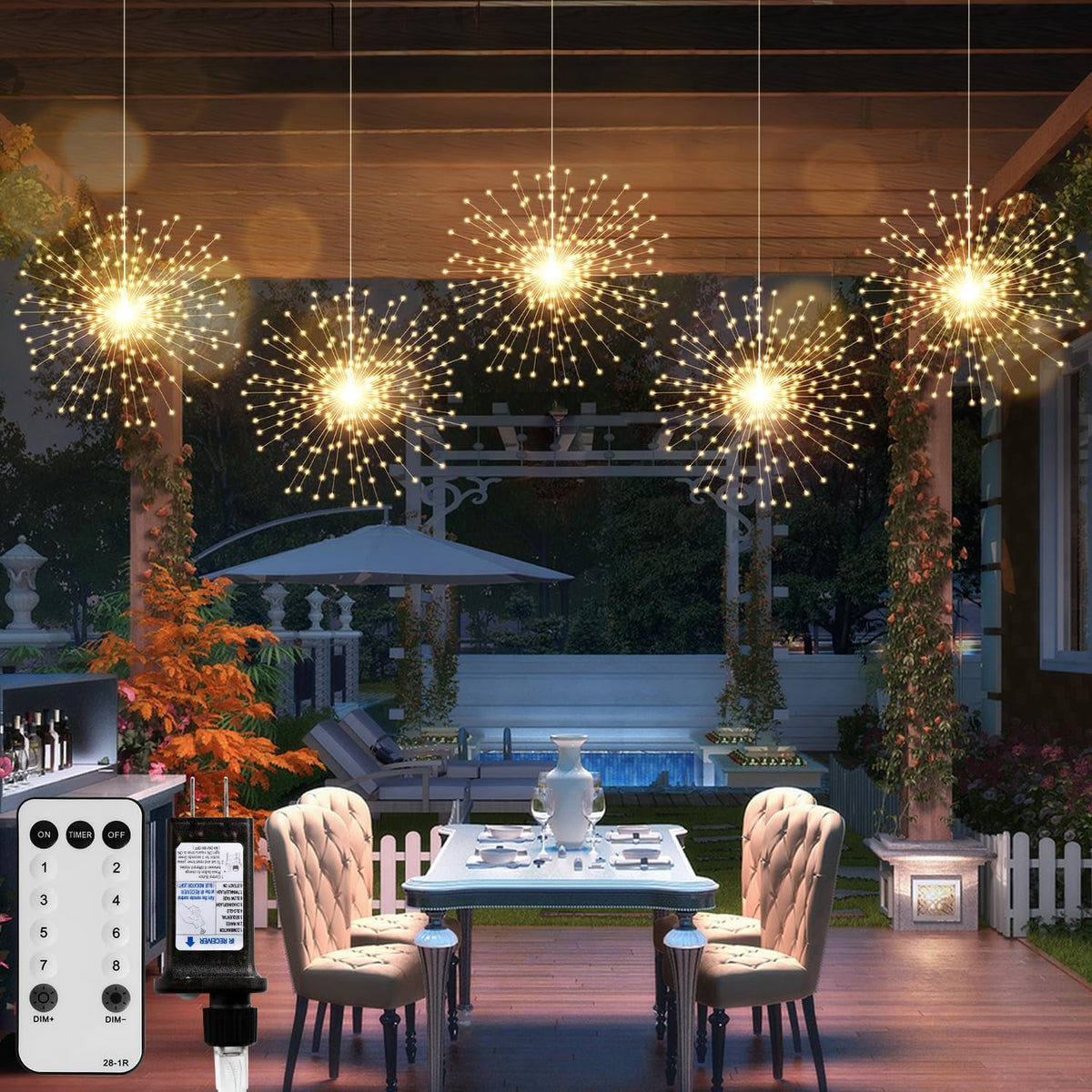 Firework String Light 5 Pack 200 LED 8 Modes Starburst Warm White