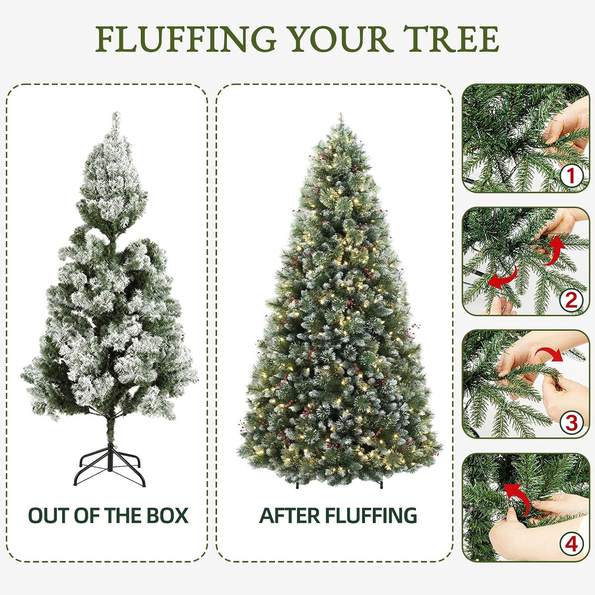 6FT Flocked Prelit Christmas Tree with Pine Needles&Red Berries