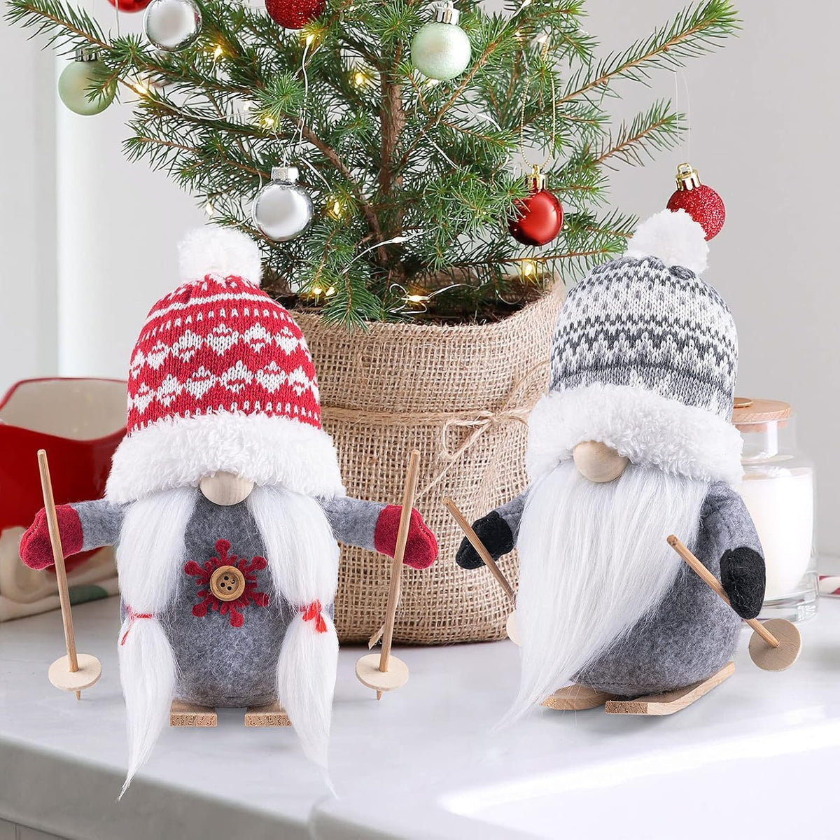 D-FantiX 2Pack Sled Christmas Gnomes Plush with Wood Skis and Ski Poles