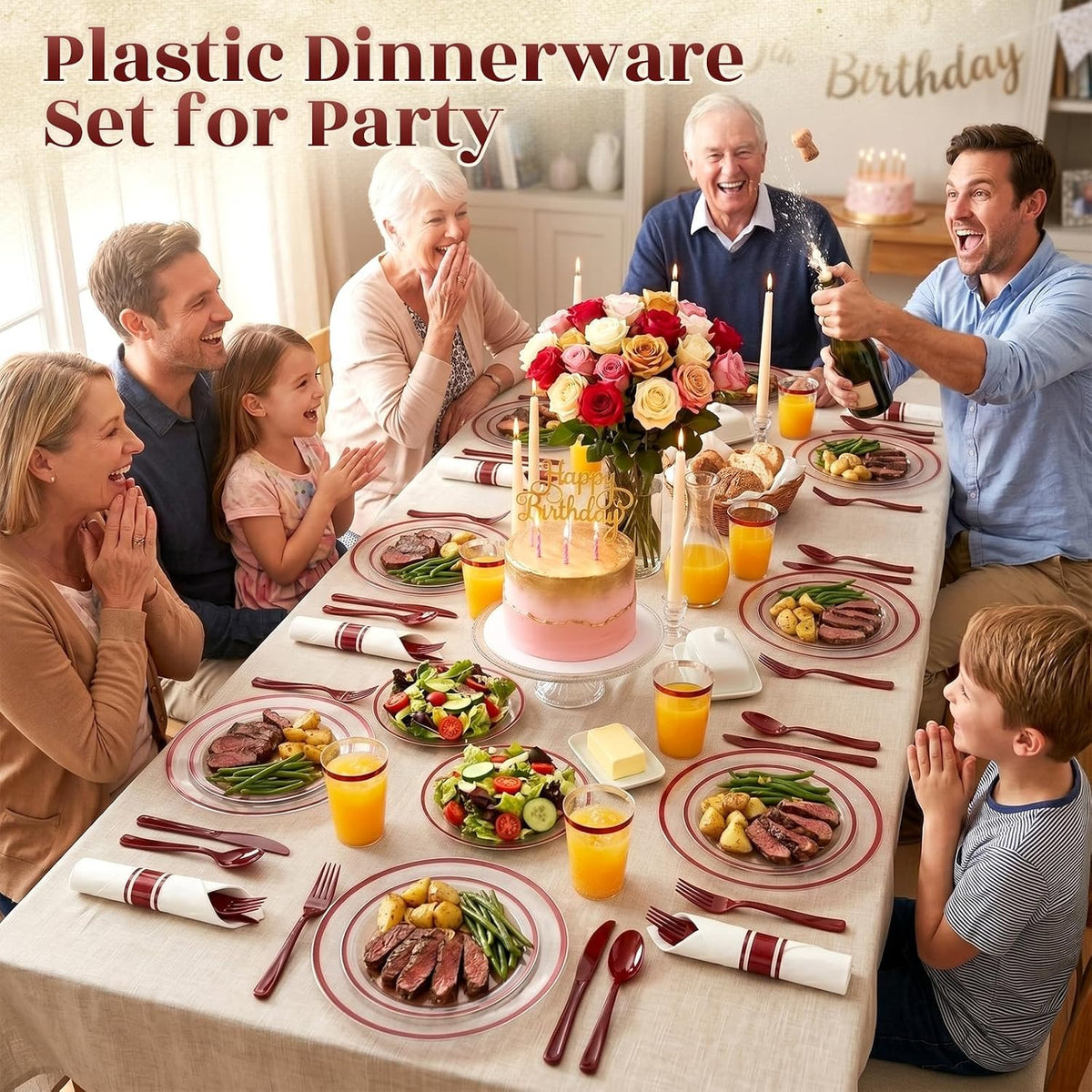 350PCS Clear Red Plastic Plates Dinnerware Sets for 50 Guests
