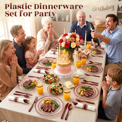 350PCS Clear Red Plastic Plates Dinnerware Sets for 50 Guests