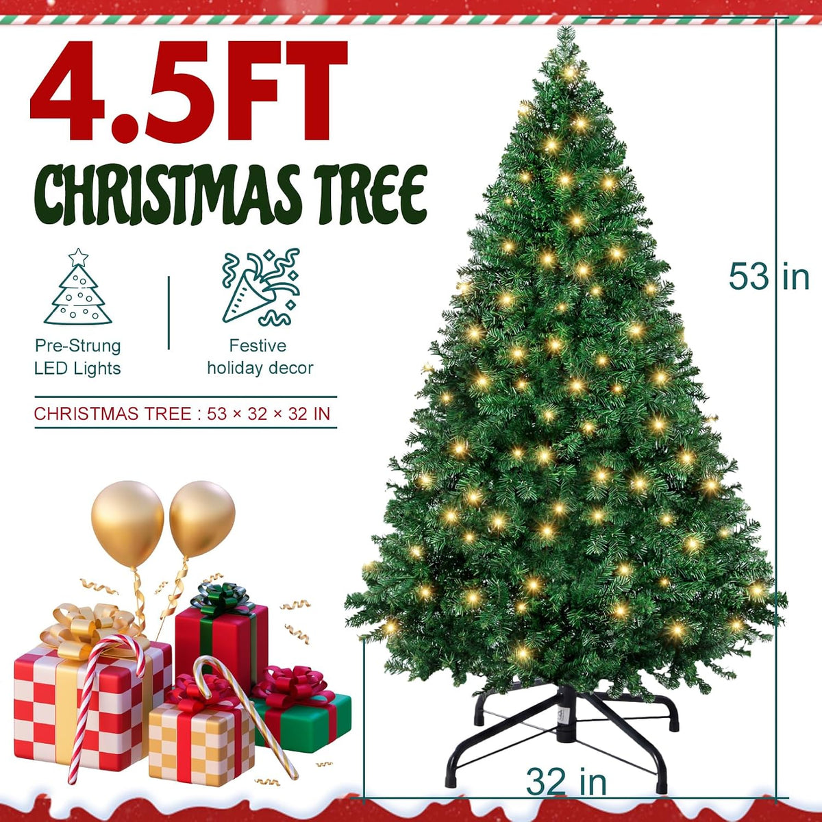 DUMOS 4.5 Ft Pre-Lit Christmas Tree, Artificial Xmas Tree, Green