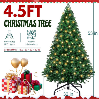 DUMOS 4.5 Ft Pre-Lit Christmas Tree, Artificial Xmas Tree, Green