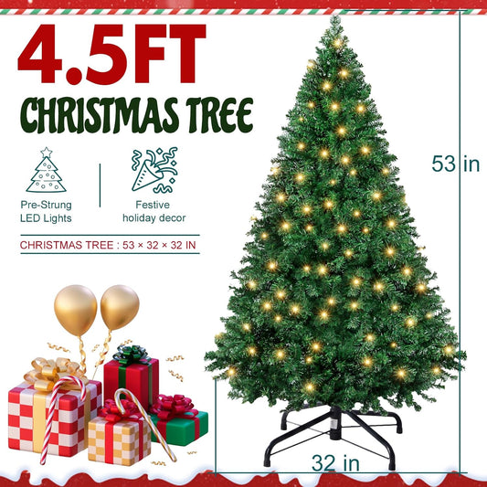 DUMOS 4.5 Ft Pre-Lit Christmas Tree, Artificial Xmas Tree, Green