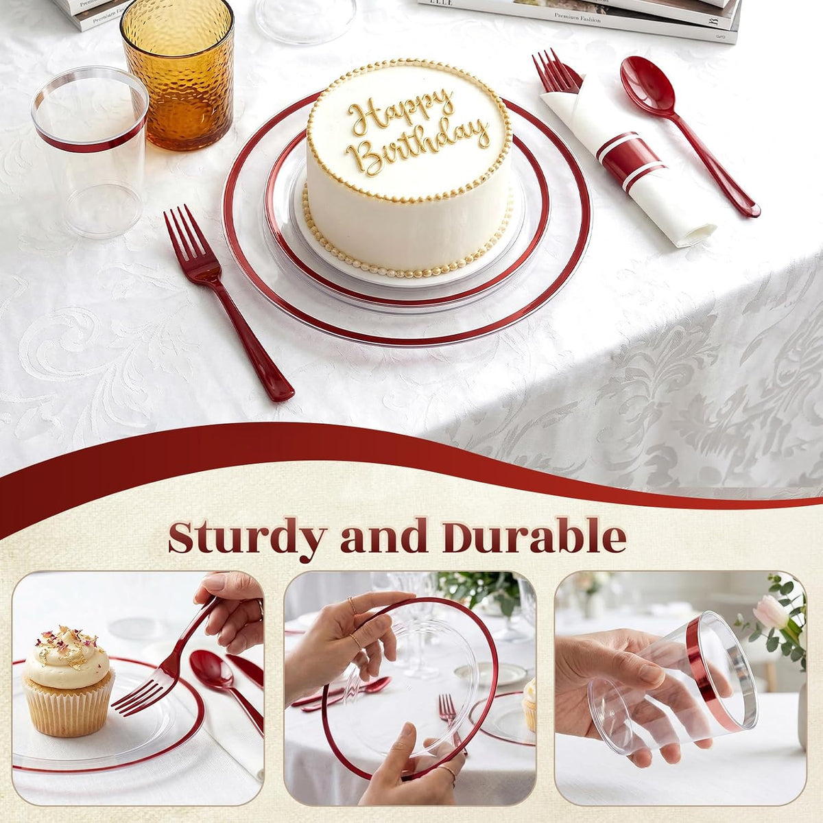 350PCS Clear Red Plastic Plates Dinnerware Sets for 50 Guests