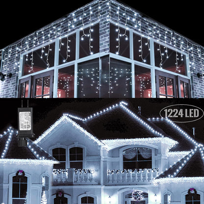 Toodour Christmas Icicle Lights Outdoor, 612 LED 50ft 8 Modes Fairy Icicle String Light with 102 Drops, Led Christmas Lights Twinkle for Holiday, Party, Wedding, Eaves, Xmas Decorations (Warm White)