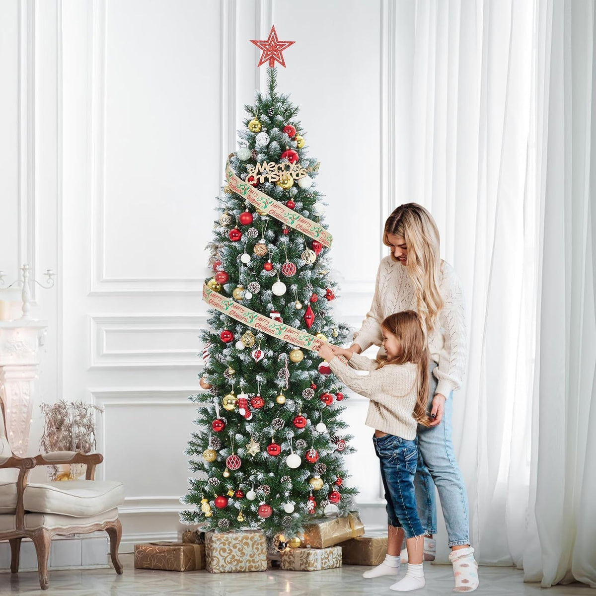 Garvee 6 ft Christmas Tree, Artificial Prelit Pencil Tree, Easy Assemble, Xmas Decor for Home Party Office Mall Holiday,Green