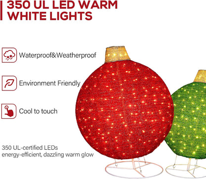 Hykolity 2 Pack 30" + 24" Pop-Up Pre-Lit Outdoor Christmas Ornament Set, Holiday Ball Decoration with 230 Warm White LEDs, 8 Light Modes & 18H Timer, Red & Green