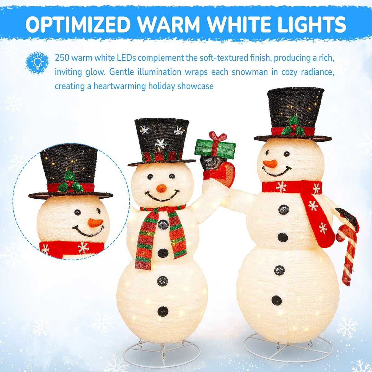 Hykolity 3.7 FT Collapsible Pop-Up 3D Lighted Snowman Family Set of 3, Outdoor Christmas Snowman Decorations with 250 Warm White LED Lights for Yard, Lawn and Porch