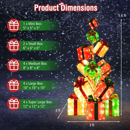 Tangkula 5.6 FT Christmas Lighted Gift Box Tower, 15 PCS Stacked Boxes Tree
