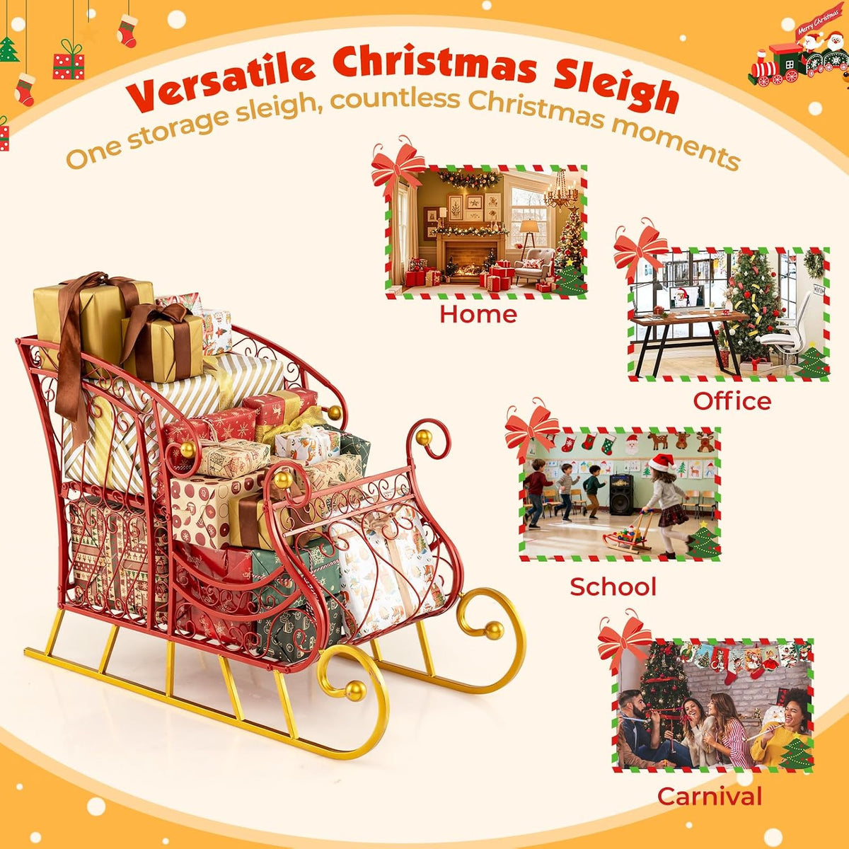Tangkula Metal Christmas Santa Sleigh Basket, 2-Tier Red Xmas Santa's Gift Storage Sleigh with Large Cargo Area, Festive Decorative Sleigh Cart, Holiday Decoration for Home Office Carnival