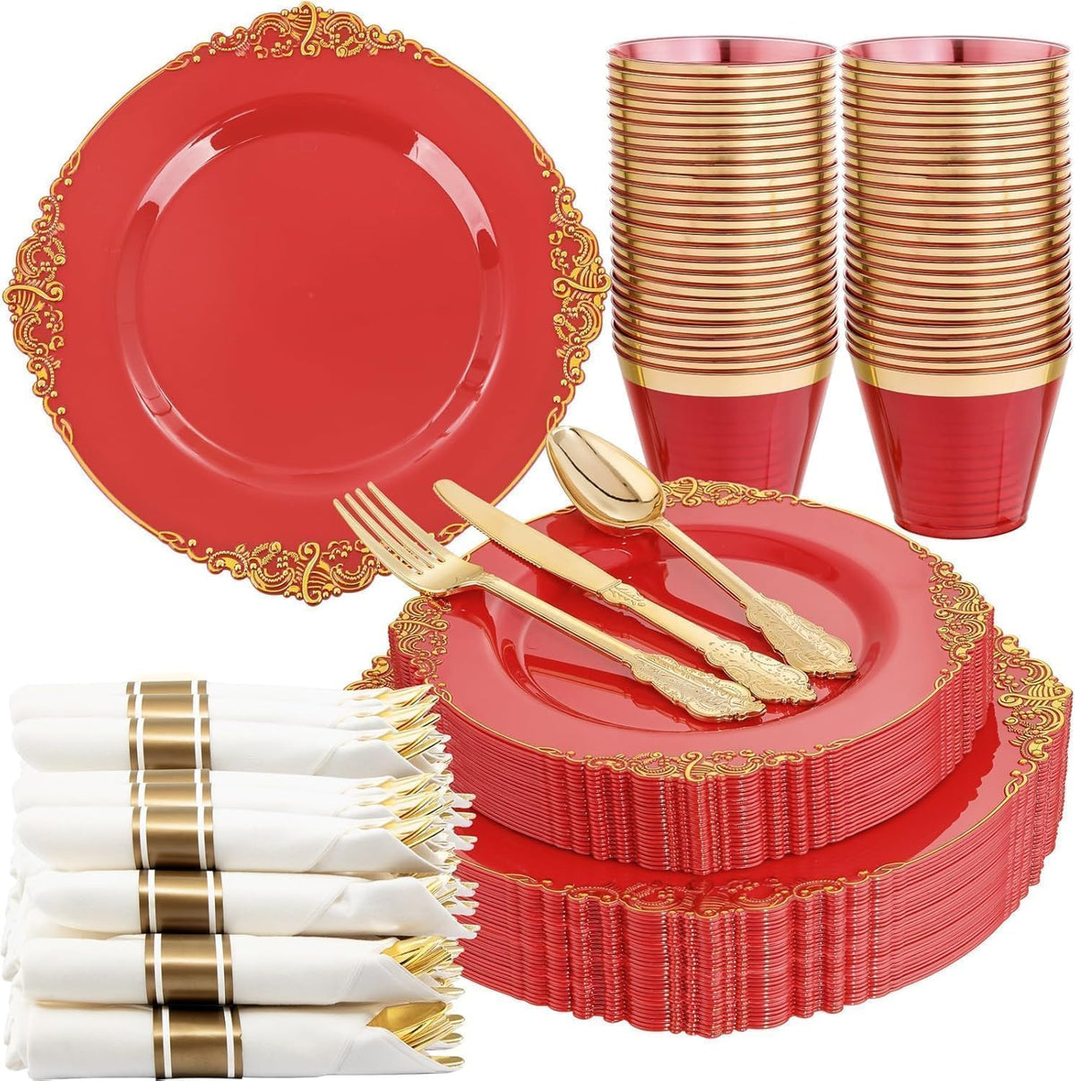 Nervure 175Pcs Red Plastic Plates, Red Plastic Dinnerware Set for 25 Guests
