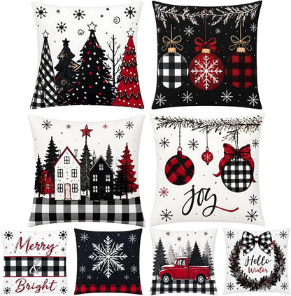 Christmas Decorations - Set of 4 Double-Sided Print Christmas Pillow Covers