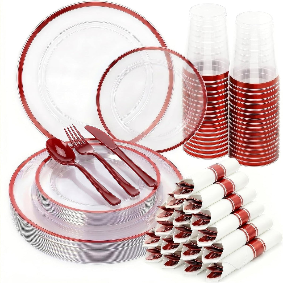 350PCS Clear Red Plastic Plates Dinnerware Sets for 50 Guests
