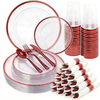 350PCS Clear Red Plastic Plates Dinnerware Sets for 50 Guests