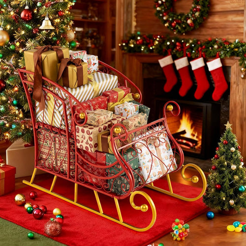 Tangkula Metal Christmas Santa Sleigh Basket, 2-Tier Red Xmas Santa's Gift Storage Sleigh with Large Cargo Area, Festive Decorative Sleigh Cart, Holiday Decoration for Home Office Carnival