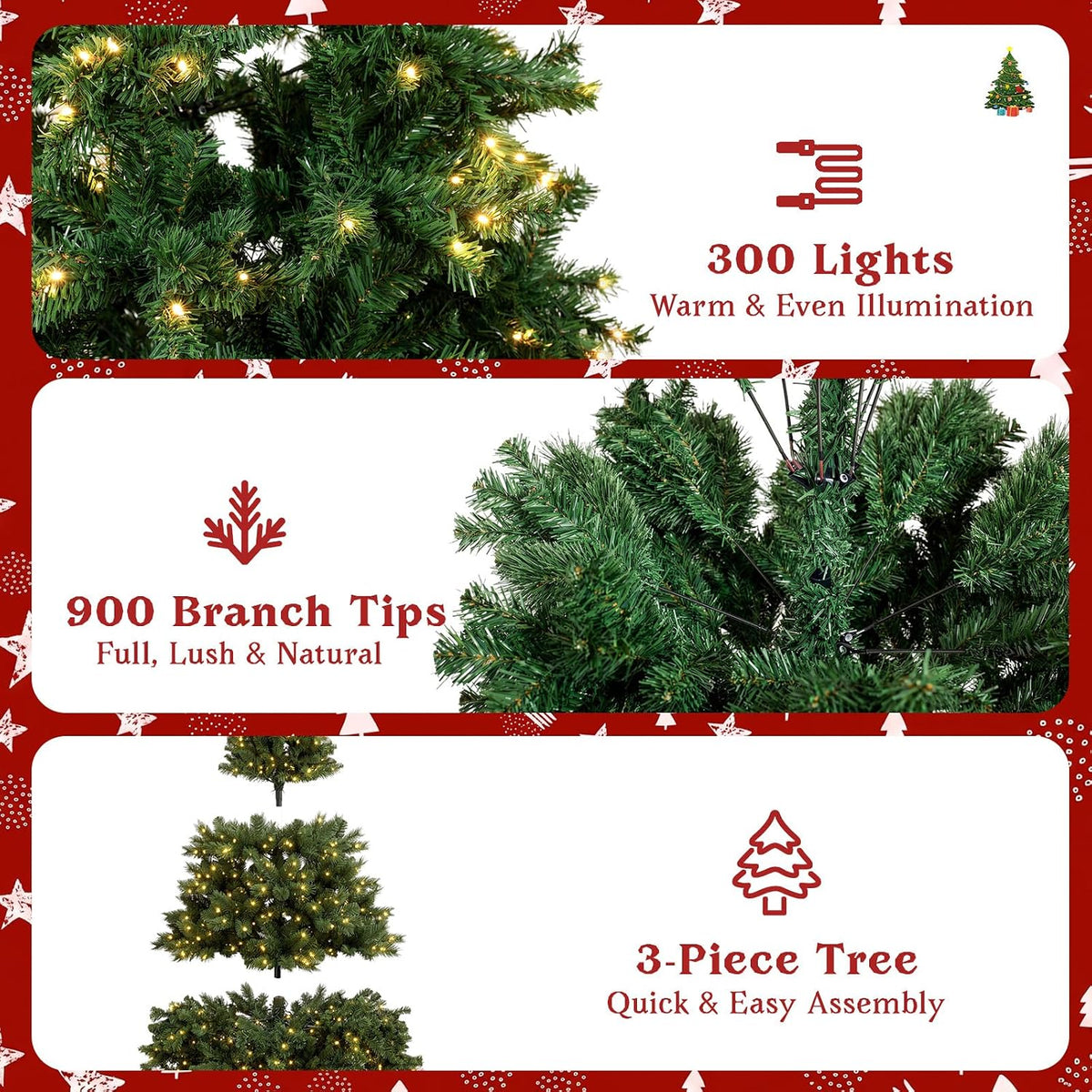 6FT Pre-Lit Artificial Christmas Tree, 300 LED Lights, 900 PVC Branch Tips
