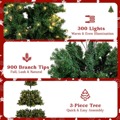 6FT Pre-Lit Artificial Christmas Tree, 300 LED Lights, 900 PVC Branch Tips