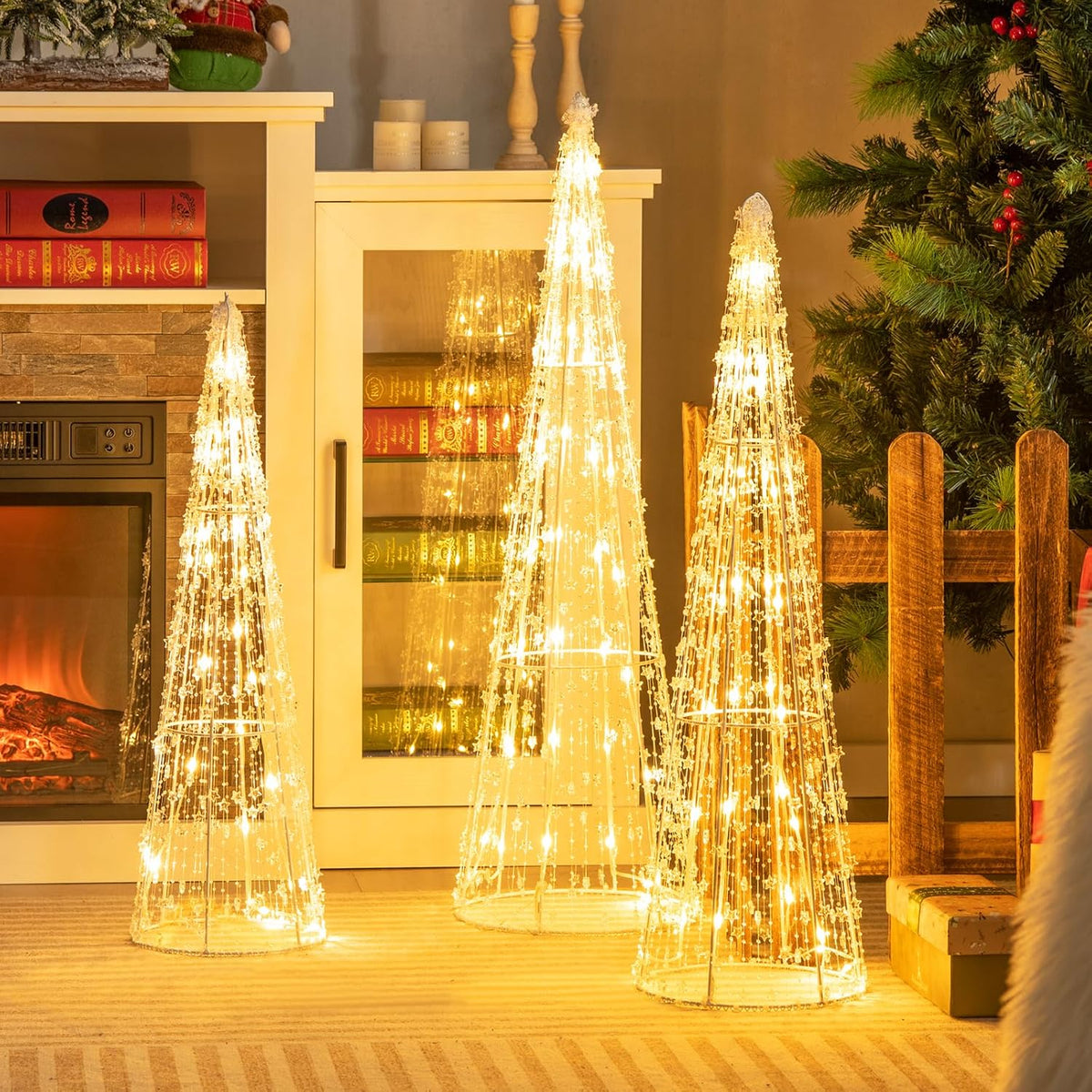 Tangkula Set of 3 Lighted Christmas Cone Trees with Warm White LED Lights