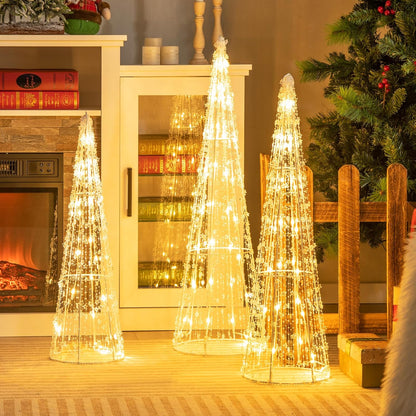 Tangkula Set of 3 Lighted Christmas Cone Trees with Warm White LED Lights