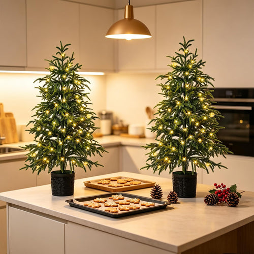 Juegoal 3FT Pre-Lit Artificial Christmas Tree 2 Pack, Norfolk Potted Tree