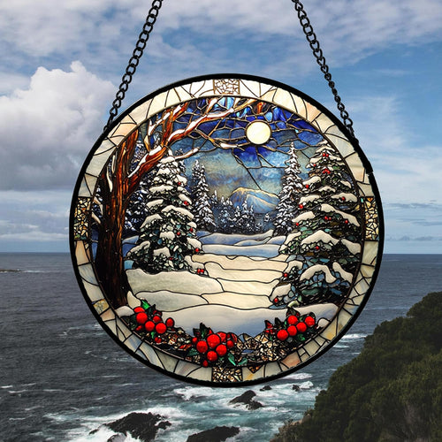 Winter Snow Night Scenery Stained Glass Window Hanging Suncatcher Gift 15"