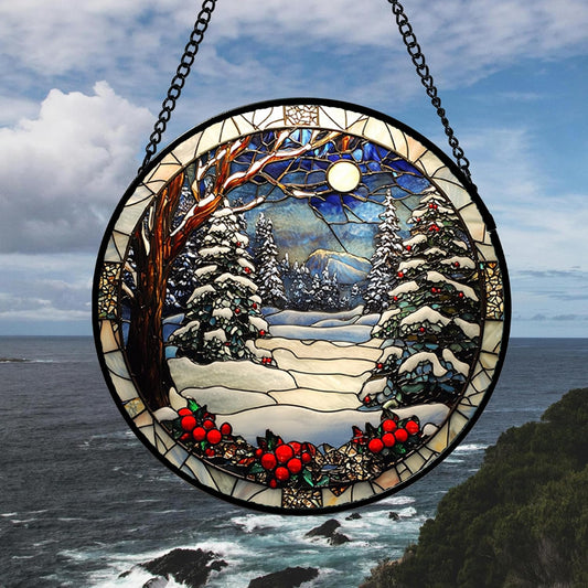Winter Snow Night Scenery Stained Glass Window Hanging Suncatcher Gift 15"