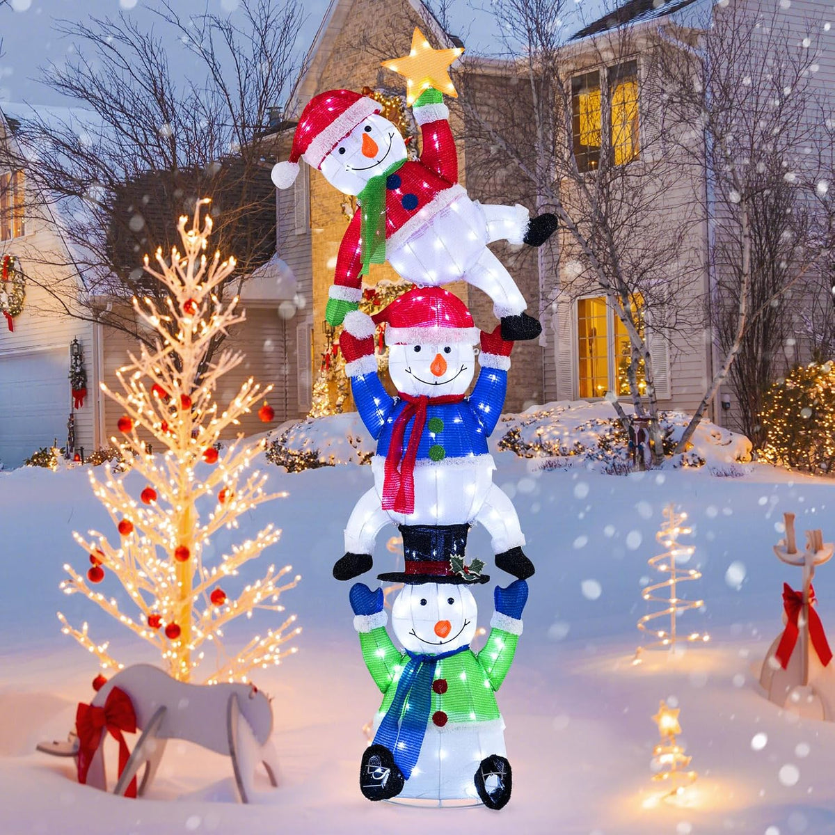 Tangkula 5.6 FT Lighted Christmas Stacked Snowman, 3D Xmas Light-up Snowman