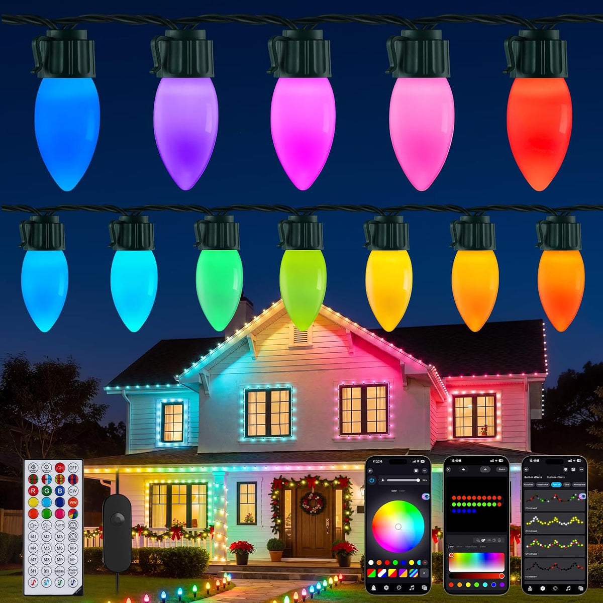 100LED Outdoor Christmas Lights, Smart APP & Remote, DIY, Music Sync, Timer