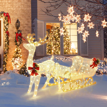Tangkula 6 FT Christmas Lighted Reindeer & Santa’s Sleigh Set, Warm White