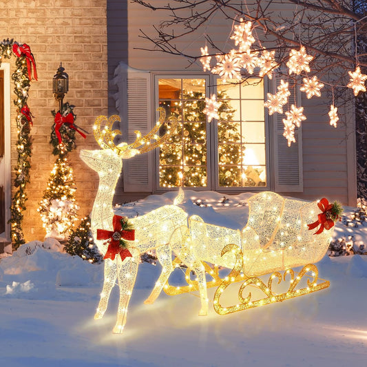 Tangkula 6 FT Christmas Lighted Reindeer & Santa’s Sleigh Set, Warm White