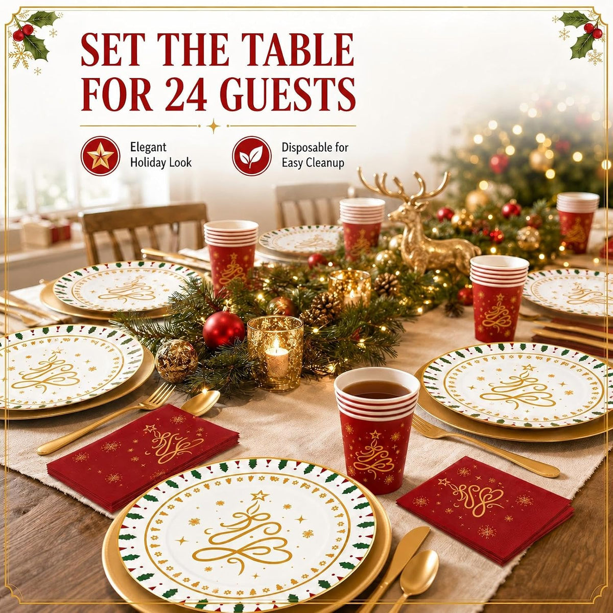 168 PCS Christmas Party Supplies Tableware Set, Disposable Xmas Dinnerware Set Serves 24 Guests, Christmas Tree Snowflake Paper Plates Cups Napkins Knives Forks Spoons for Holiday Decorations