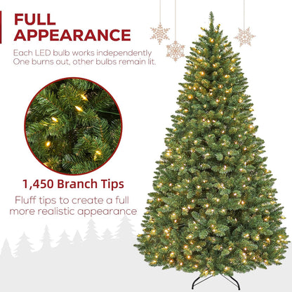 Hykolity 7.5 ft Prelit Christmas Tree with 1,450 Branch Tips, 450 Warm White Led Lights, Hinged Design and Sturdy Metal Stand